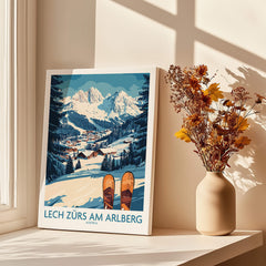 Lech Zürs am Arlberg Ski Wall Art Ski Poster displayed by a window with ski slopes and flowers in a vase.