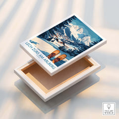 Lech Zürs am Arlberg Ski Wall Art Ski Poster on a display box showcasing stunning alpine scenery.