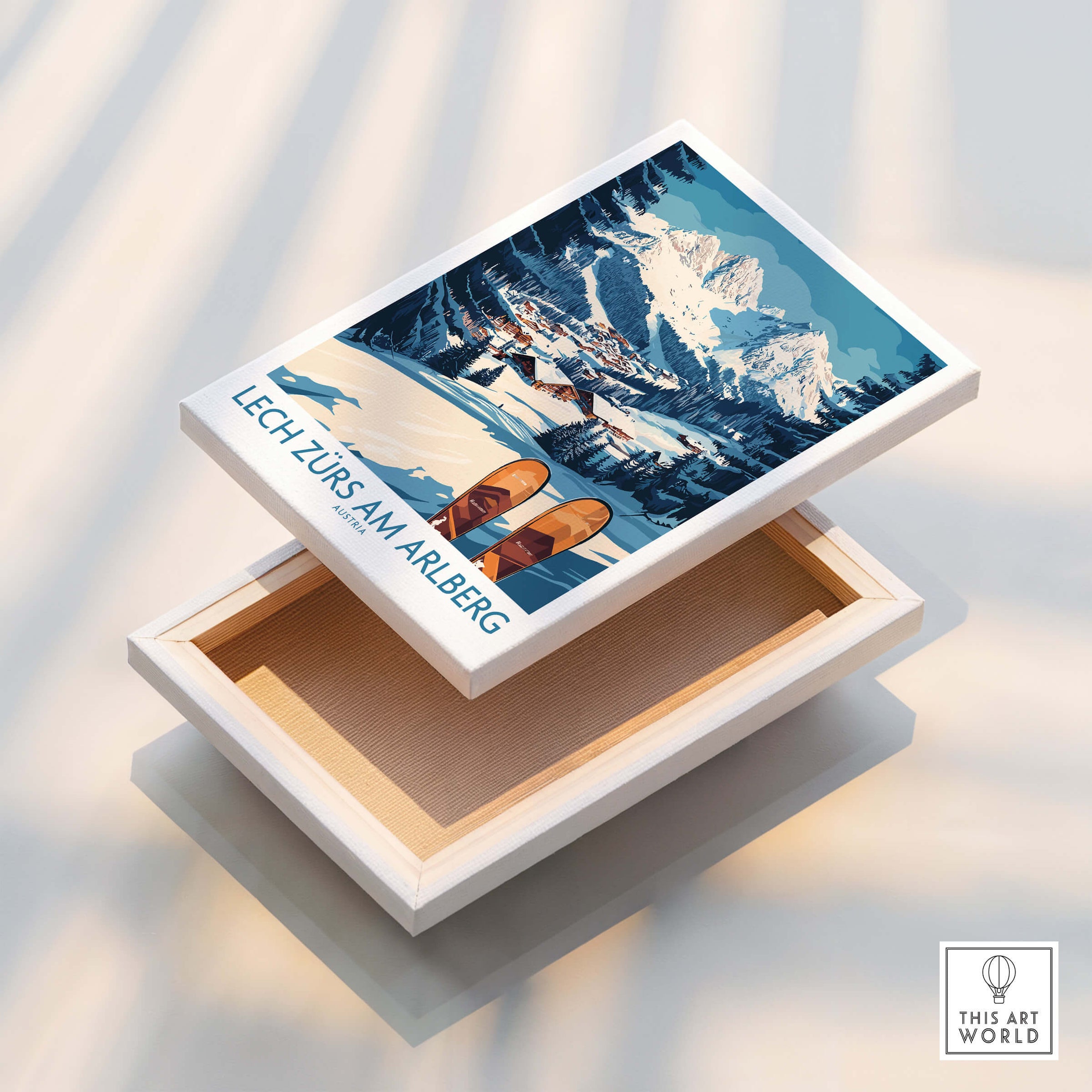 Lech Zürs am Arlberg Ski Wall Art Ski Poster on a display box showcasing stunning alpine scenery.