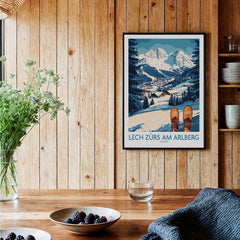 Lech Zürs am Arlberg Ski Wall Art Ski Poster in a cozy interior setting with a wooden wall and rustic decor.