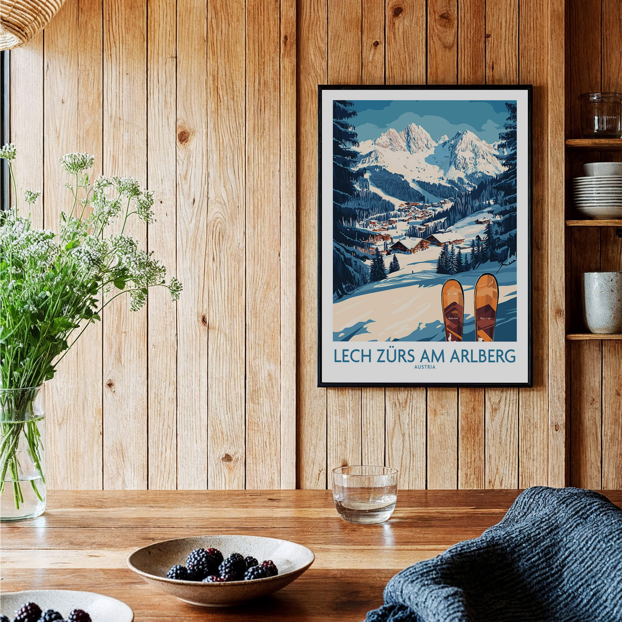 Lech Zürs am Arlberg Ski Wall Art Ski Poster in a cozy interior setting with a wooden wall and rustic decor.
