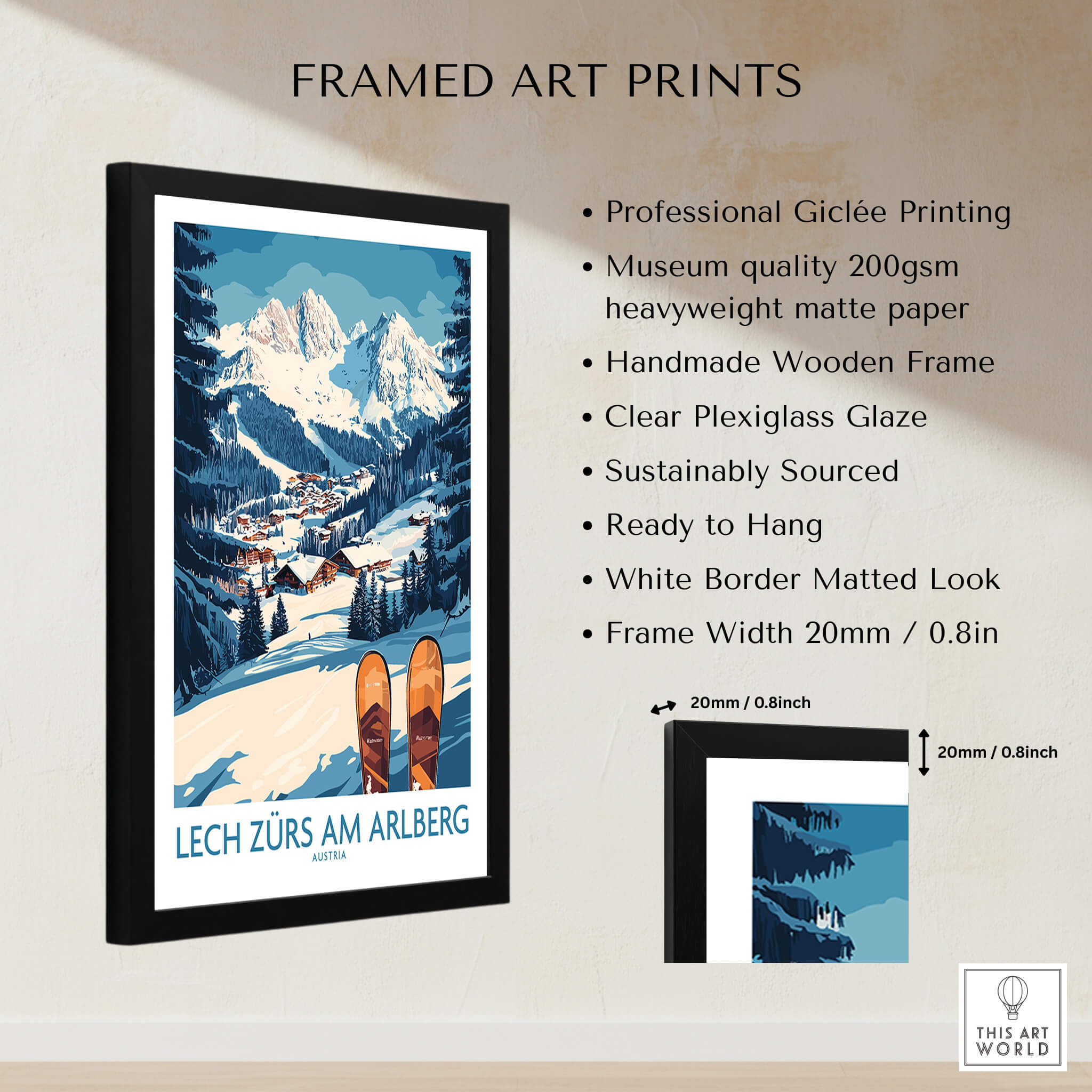 Lech Zürs am Arlberg Ski Wall Art Ski Poster framed print with professional giclée printing and handmade wooden frame.