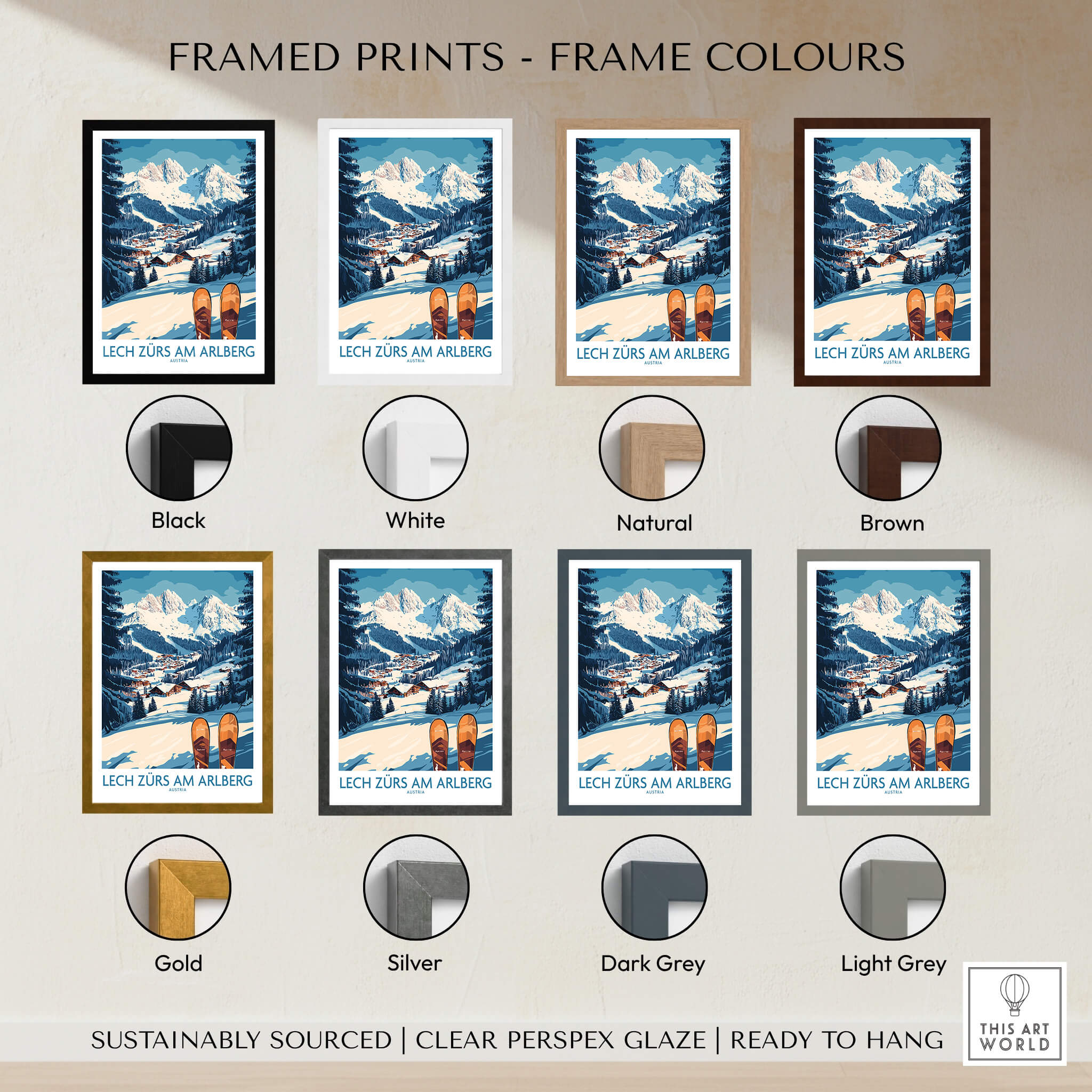 Lech Zürs am Arlberg Ski Wall Art Ski Poster framed in various colors including black, white, natural, brown, gold, silver, dark grey, light grey.