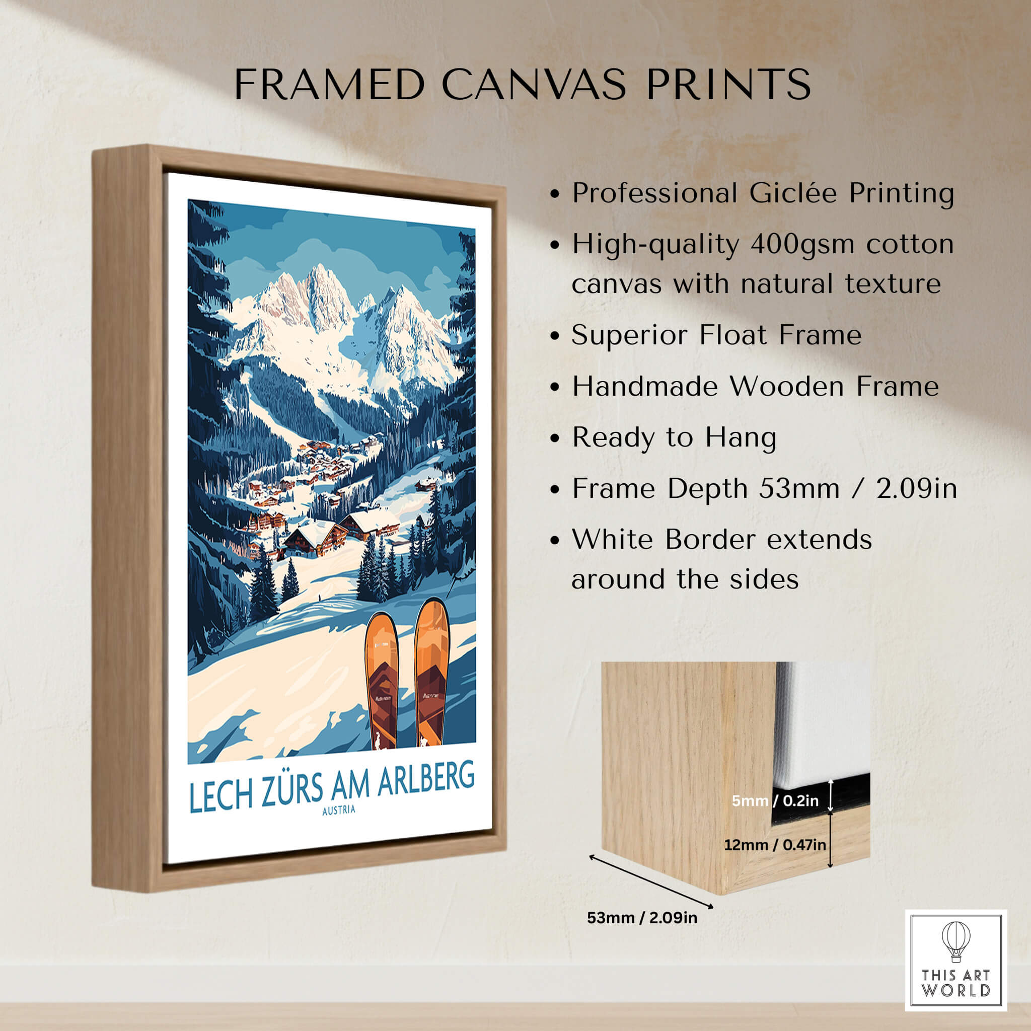 Lech Zürs am Arlberg Ski Wall Art Ski Poster featuring professional giclée printing and handmade wooden frame.