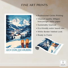 Lech Zürs am Arlberg Ski Wall Art Ski Poster featuring snowy mountains and ski equipment.
