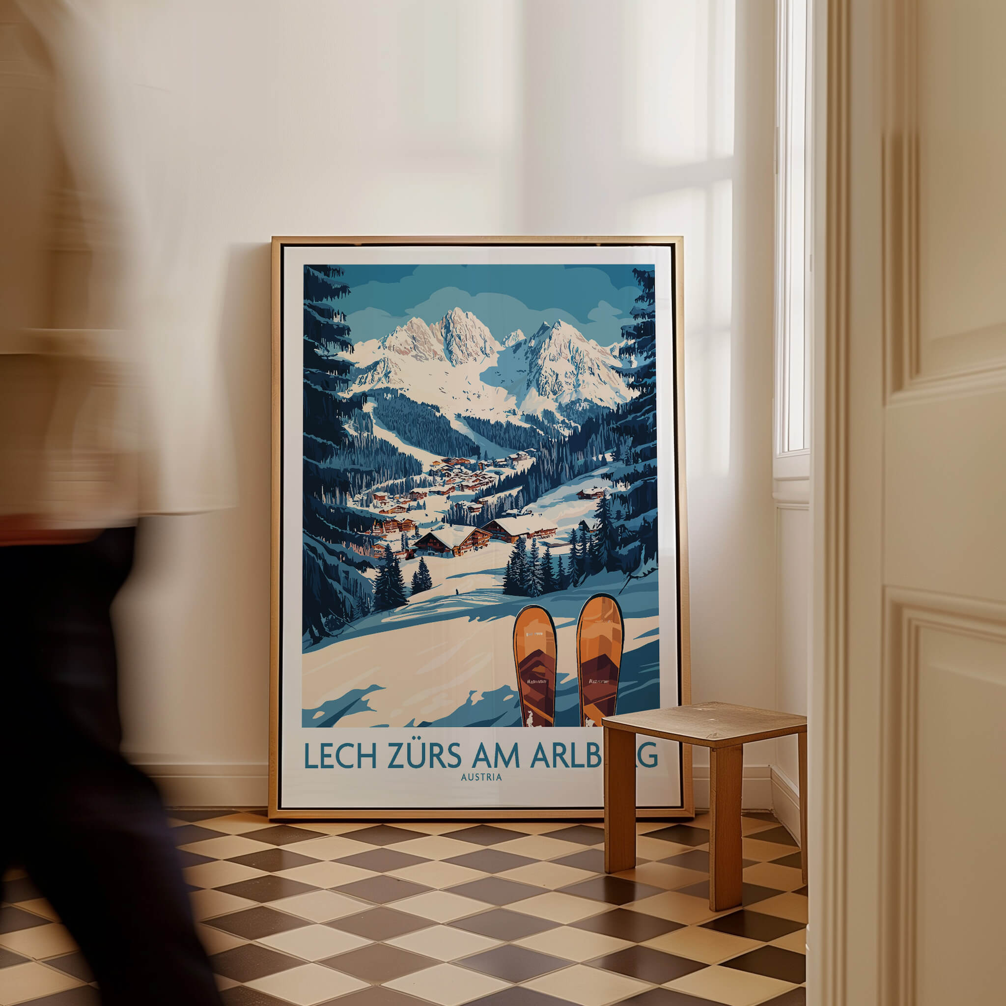 Lech Zürs am Arlberg Ski Wall Art Ski Poster displayed in a cozy interior with ski slopes and mountains.