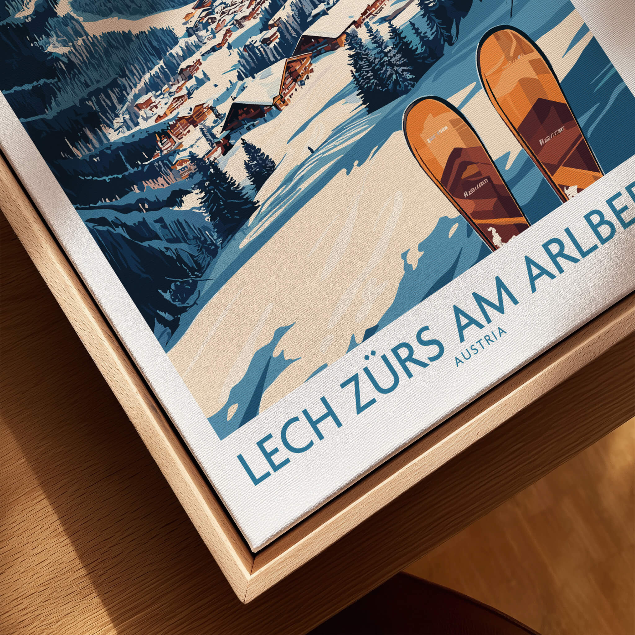 Lech Zürs am Arlberg Ski Wall Art Ski Poster featuring vibrant ski slopes and colorful skis.