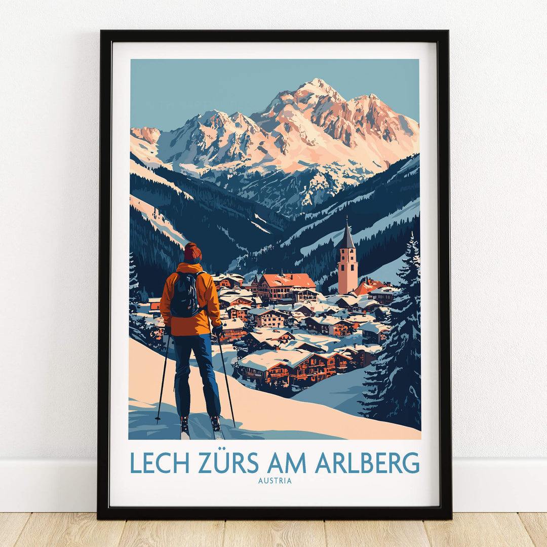 Ski Poster Lech Zürs am Arlberg Austria featuring stunning mountain scenery and a skier.