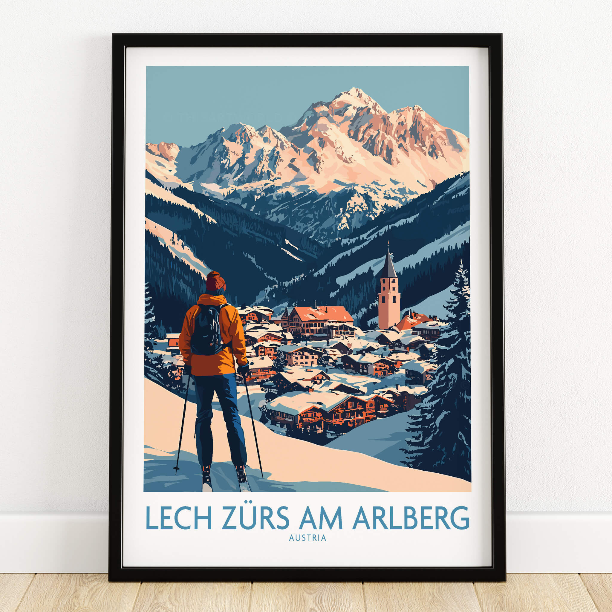 Ski Poster Lech Zürs am Arlberg Austria featuring stunning mountain scenery and a skier.