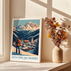 Ski Poster Lech Zürs am Arlberg Austria depicting a skier overlooking the stunning mountains and village.