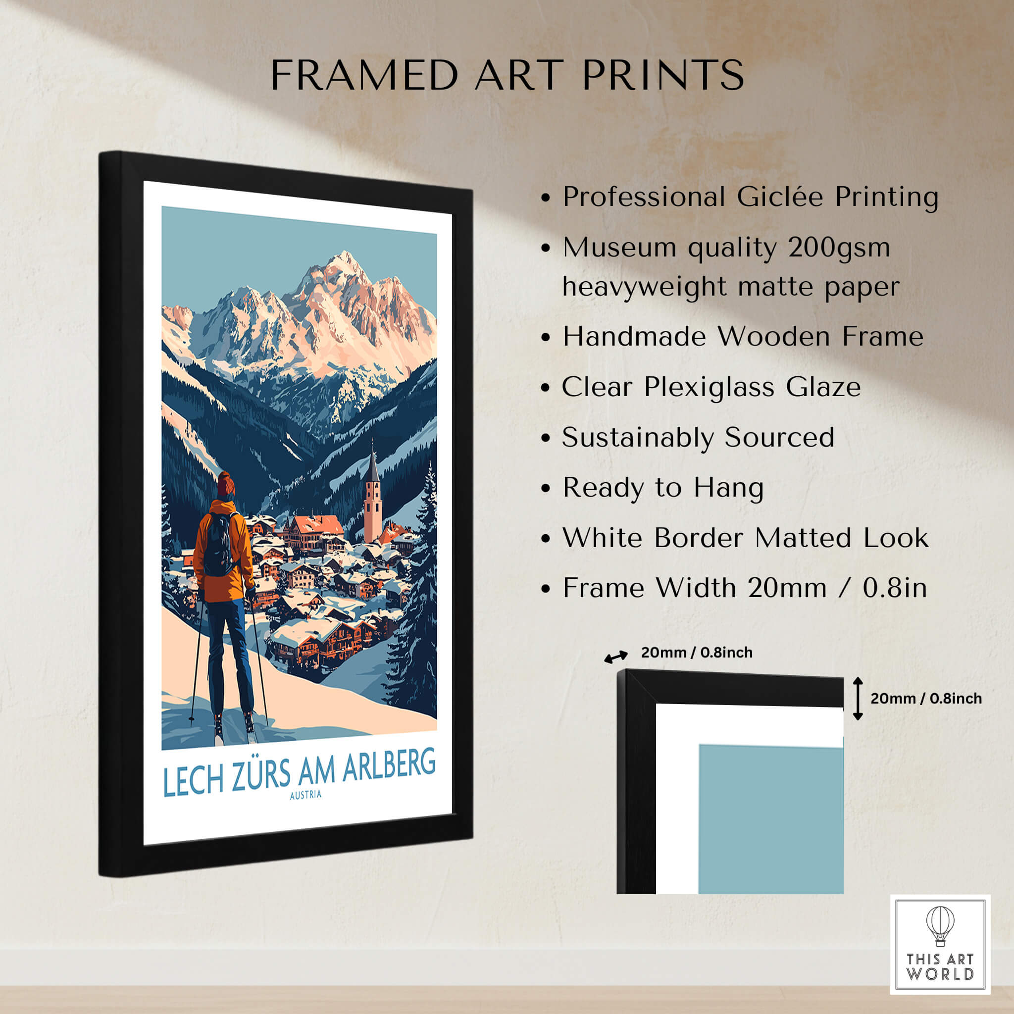 Ski Poster Lech Zürs am Arlberg Austria showcasing breathtaking mountain landscape and charming village.