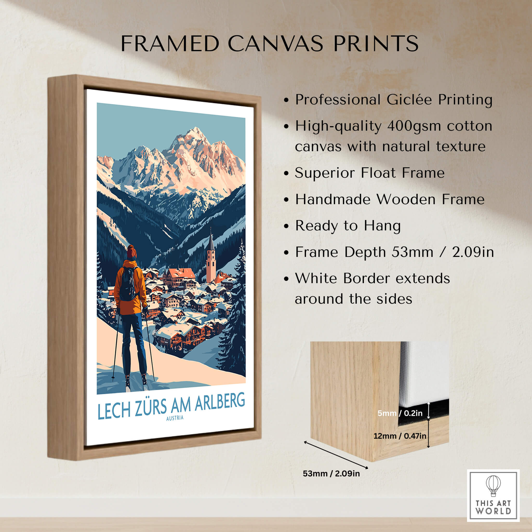 Ski Poster Lech Zürs am Arlberg Austria framed canvas print showcasing breathtaking snowy mountains.