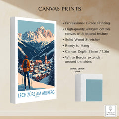 Ski Poster Lech Zürs am Arlberg Austria showcasing stunning alpine scenery and a skier in front of a village.