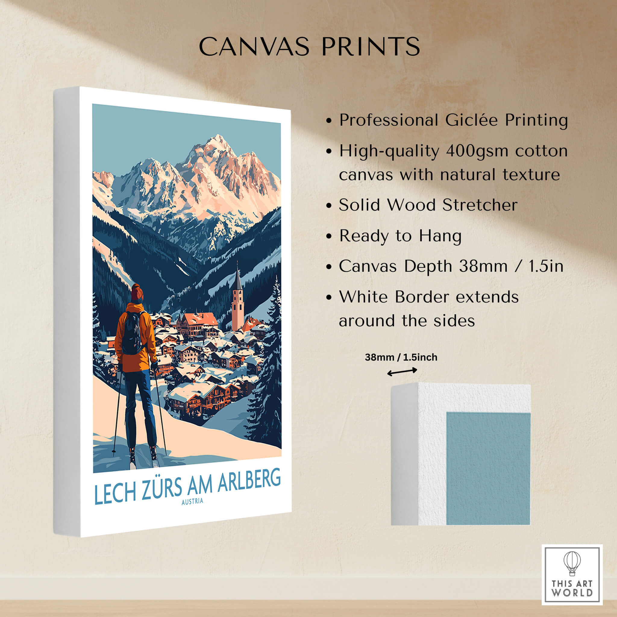 Ski Poster Lech Zürs am Arlberg Austria showcasing stunning alpine scenery and a skier in front of a village.