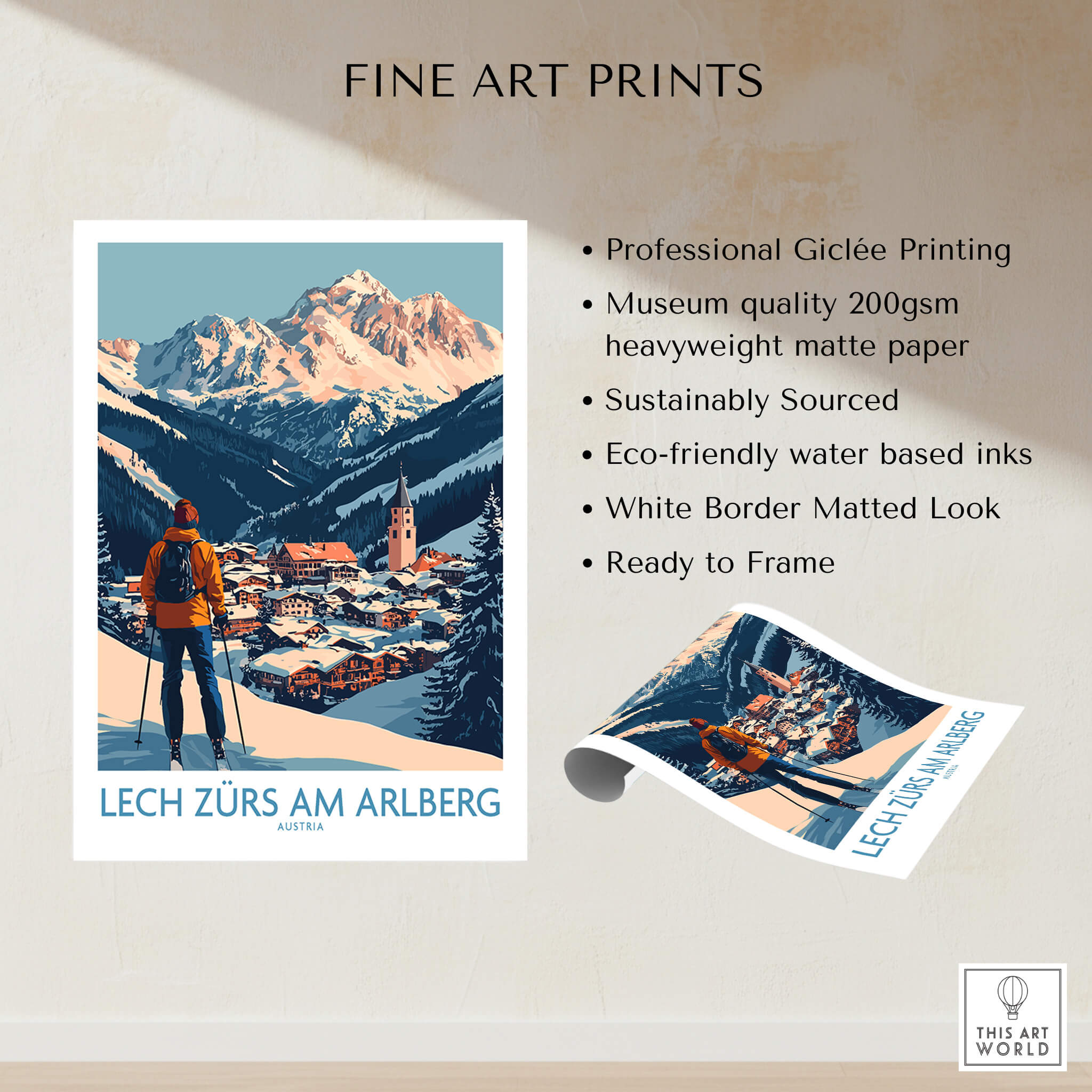Ski Poster Lech Zürs am Arlberg Austria showcasing fine art print details and scenic mountain views.
