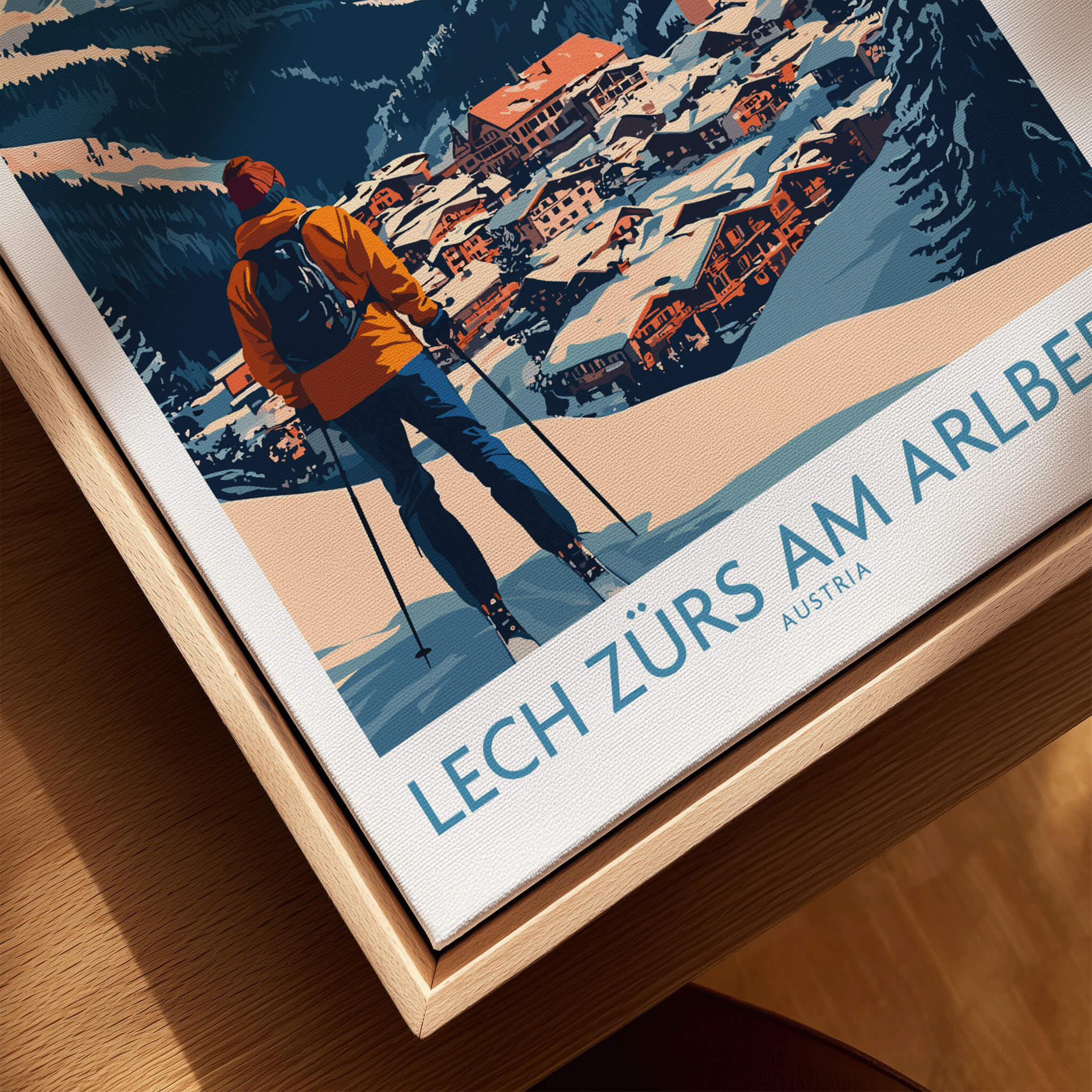 Ski Poster Lech Zürs am Arlberg Austria featuring a skier overlooking a picturesque village in the mountains.