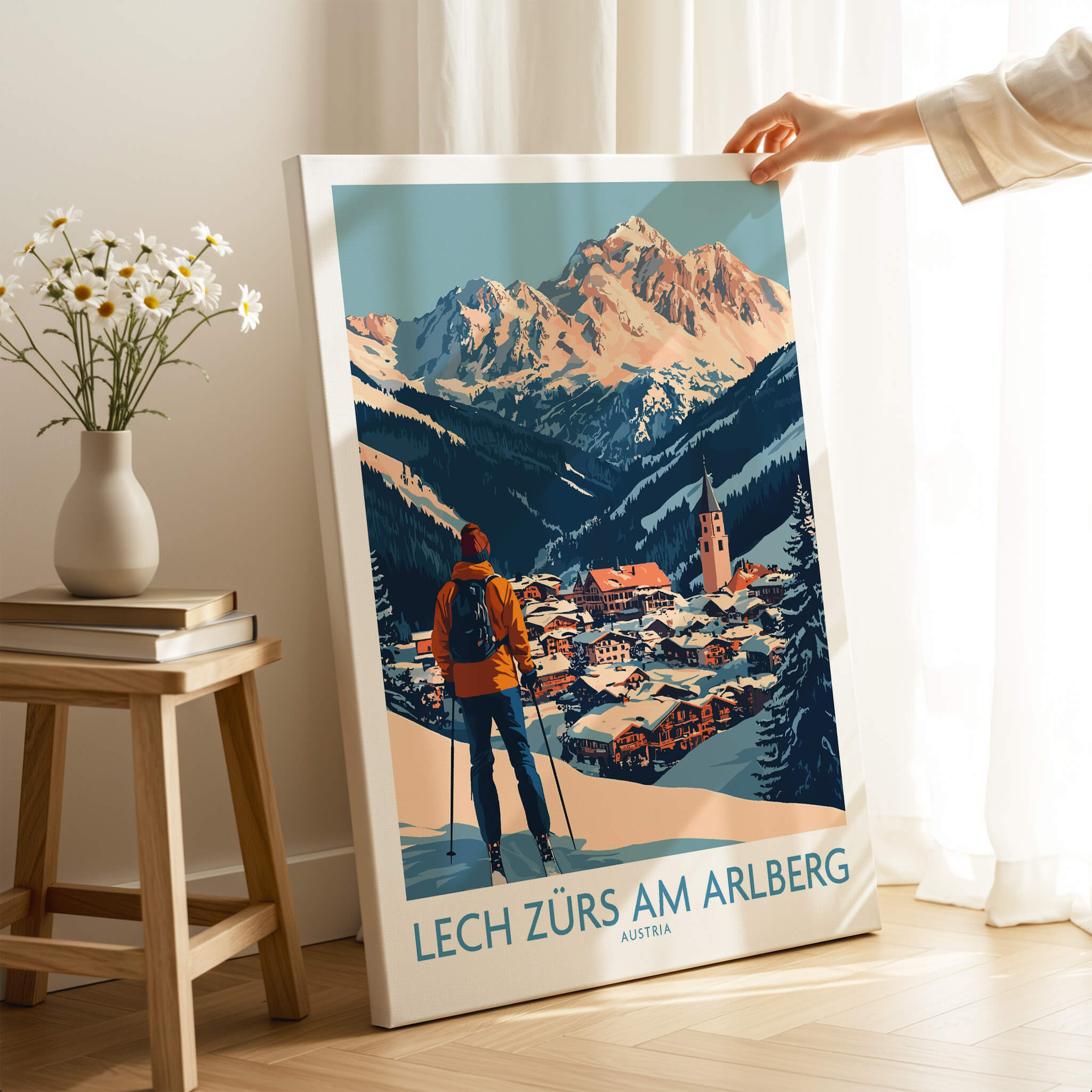Ski Poster Lech Zürs am Arlberg Austria showcasing a scenic mountain view and ski enthusiast.