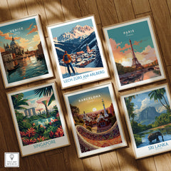 Ski Poster Lech Zürs am Arlberg Austria displayed among travel posters on wooden floor.