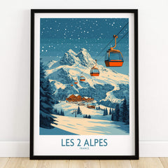 Les 2 Alpes Ski Poster featuring a stunning snowy mountain scene with ski lifts and a cozy lodge.