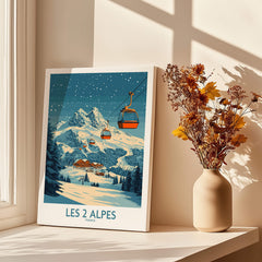 Les 2 Alpes Ski Poster featuring snowy mountains and cable cars in vibrant colors, perfect for ski enthusiasts.