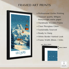Les 2 Alpes Ski Poster framed art print with mountains and ski lift, perfect for ski enthusiasts.