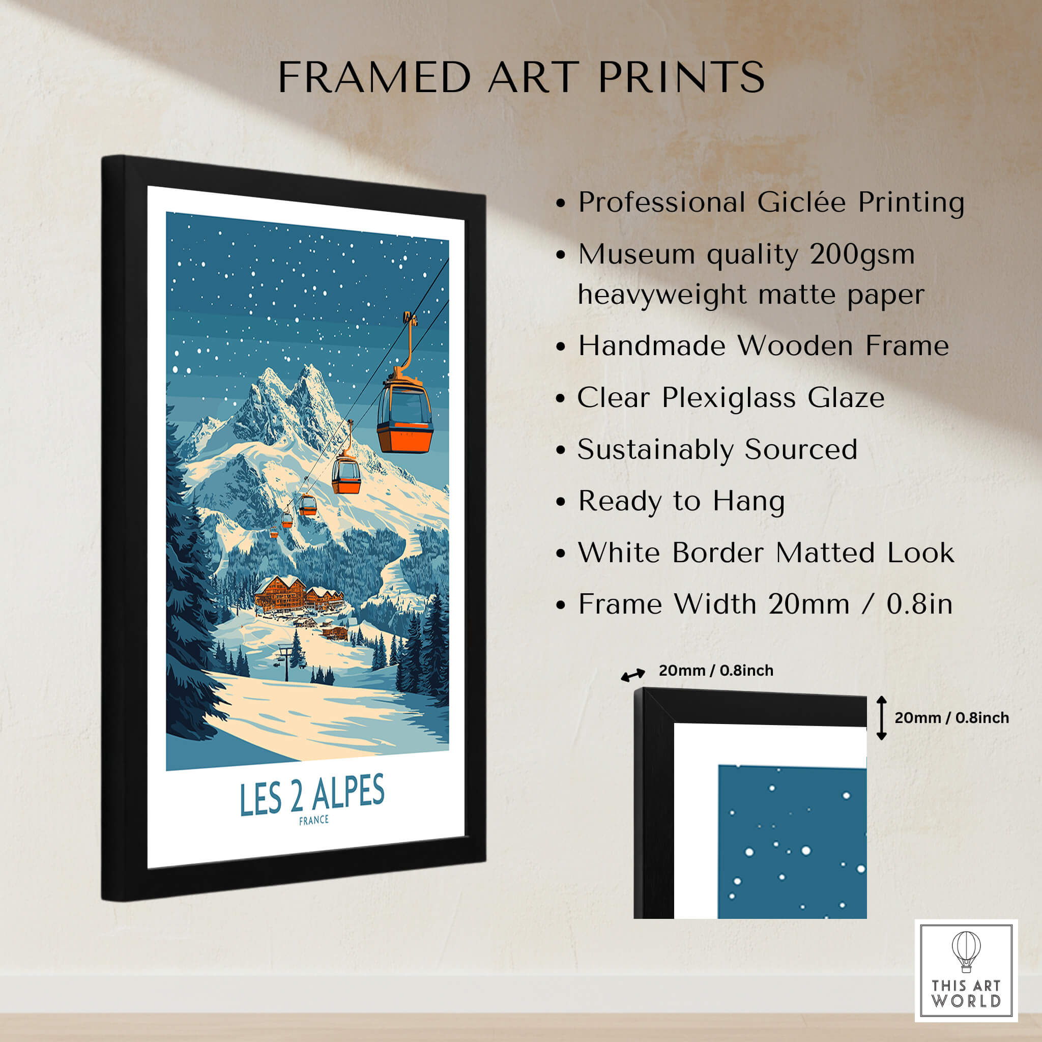 Les 2 Alpes Ski Poster framed art print with mountains and ski lift, perfect for ski enthusiasts.