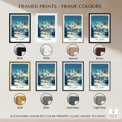 Framed Les 2 Alpes Ski Poster in various frame colors including black, white, natural, brown, gold, and silver.