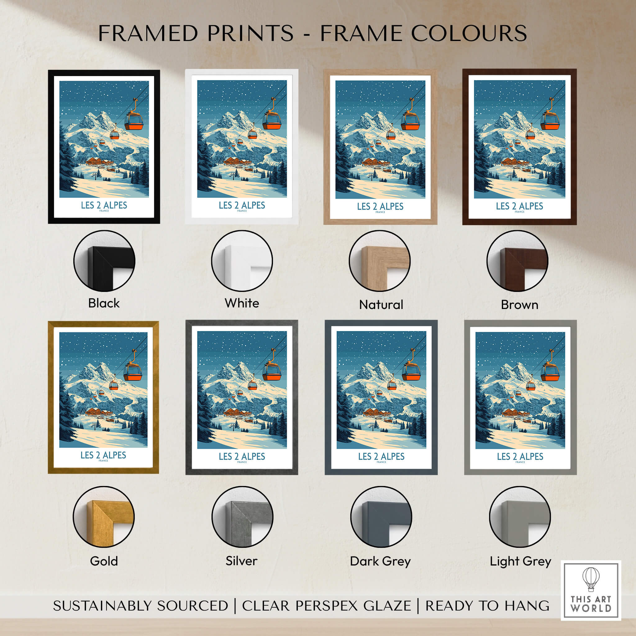 Framed Les 2 Alpes Ski Poster in various frame colors including black, white, natural, brown, gold, and silver.