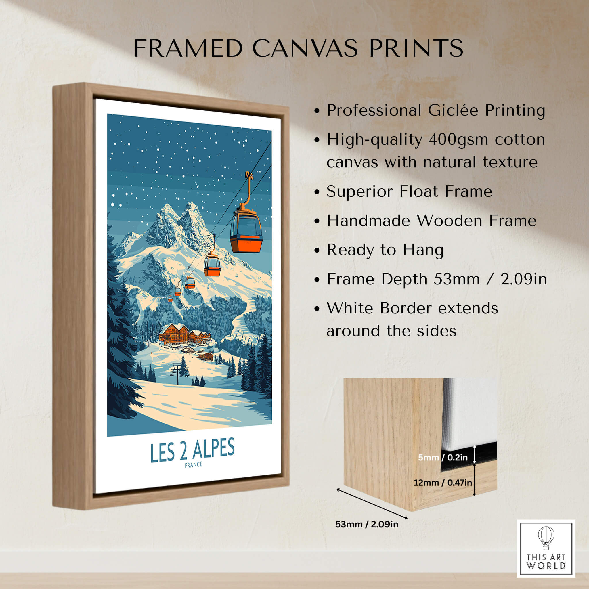 Framed canvas print featuring Les 2 Alpes Ski Poster with a mountain and ski lift design.
