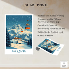 Les 2 Alpes Ski Poster featuring a vibrant mountain scene with ski lifts and snow-covered peaks.