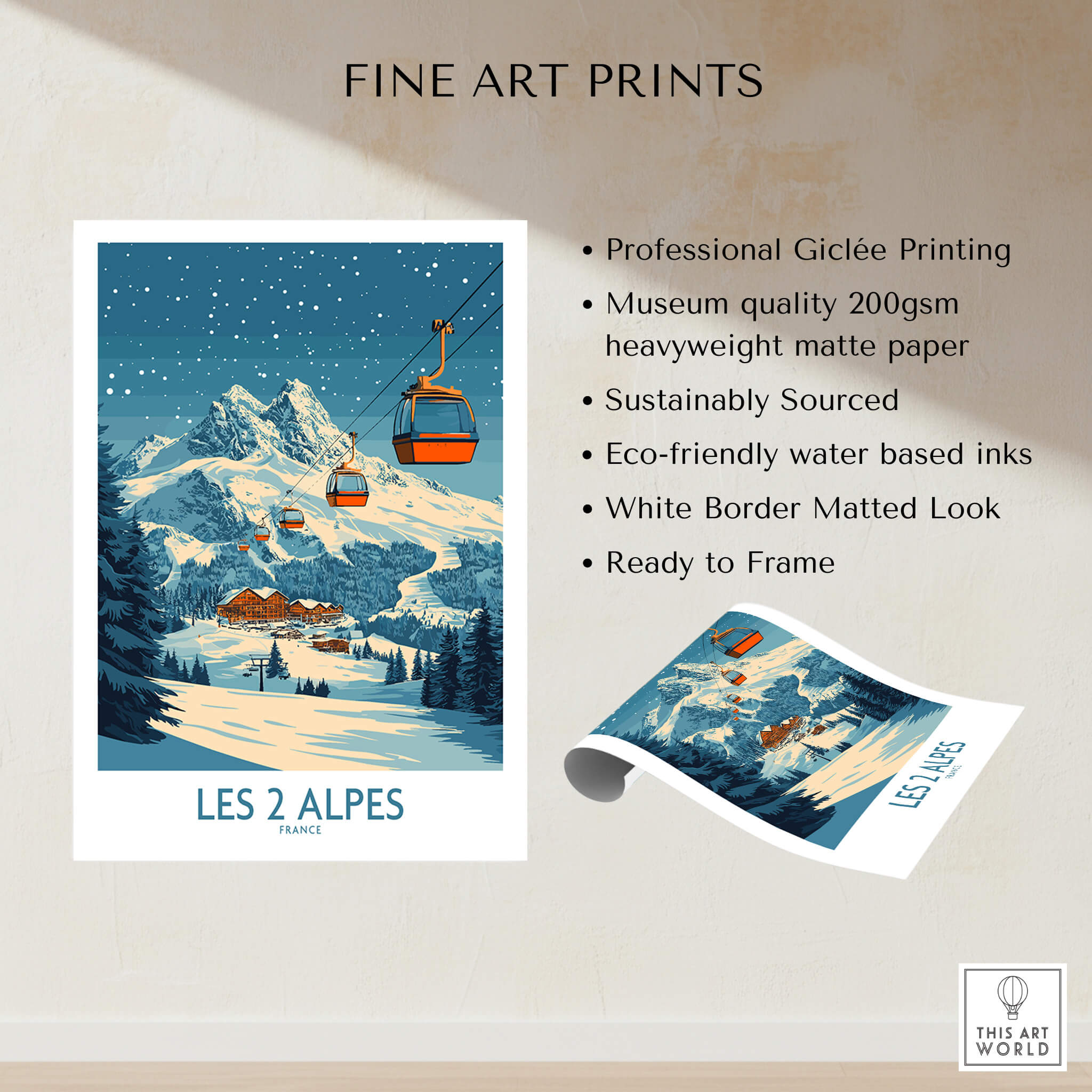 Les 2 Alpes Ski Poster featuring a vibrant mountain scene with ski lifts and snow-covered peaks.