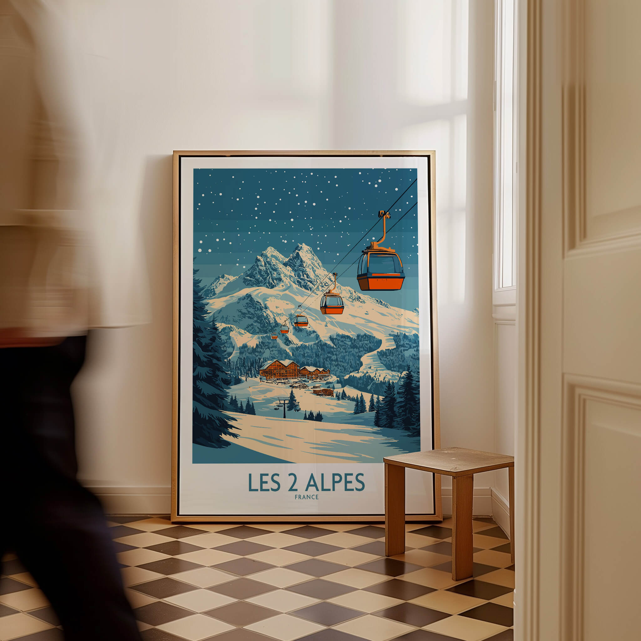 Les 2 Alpes Ski Poster featuring a scenic mountain view with ski lifts and vibrant colors.