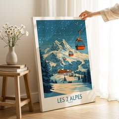 Les 2 Alpes Ski Poster featuring a scenic mountainous landscape with ski lifts and snow.
