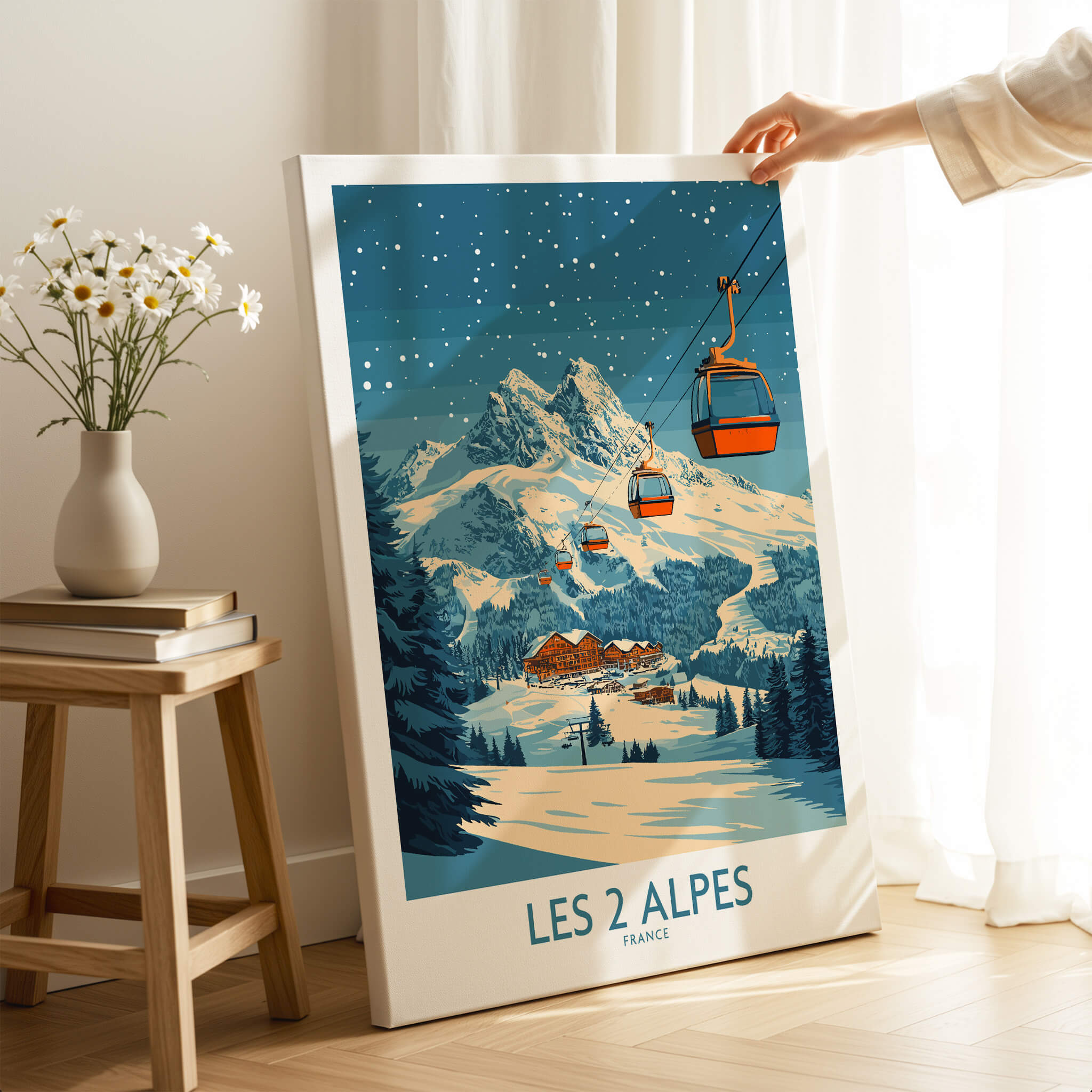 Les 2 Alpes Ski Poster featuring a scenic mountainous landscape with ski lifts and snow.