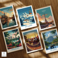 Les 2 Alpes Ski Poster and travel-themed art prints featuring Venice, Paris, Singapore, Barcelona, and Sri Lanka.