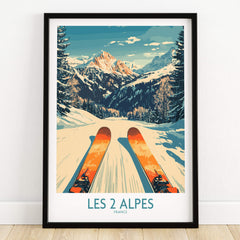 Les 2 Alpes Wall Art Ski Print featuring stunning mountain views and ski equipment, perfect for ski enthusiasts decor.
