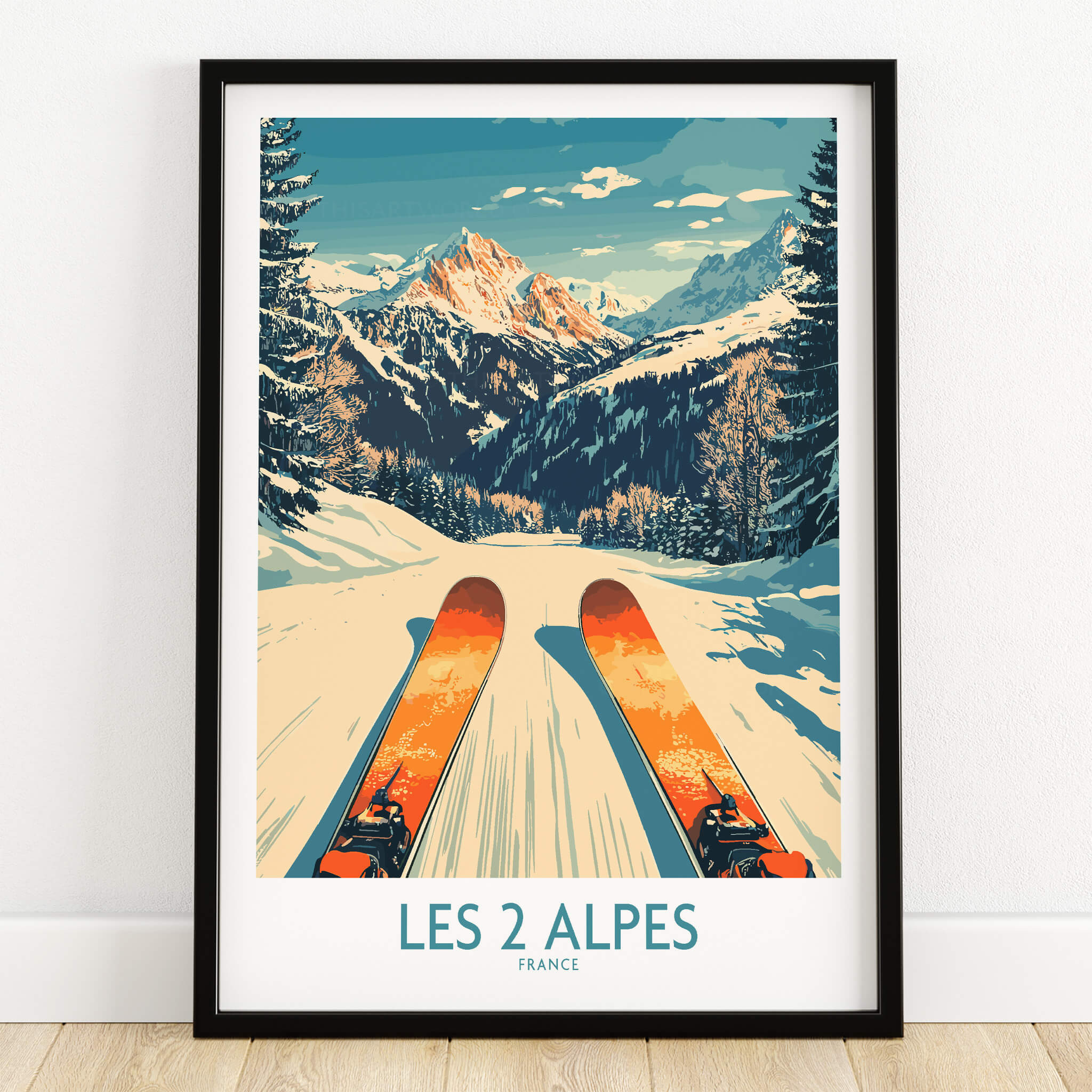 Les 2 Alpes Wall Art Ski Print featuring stunning mountain views and ski equipment, perfect for ski enthusiasts decor.