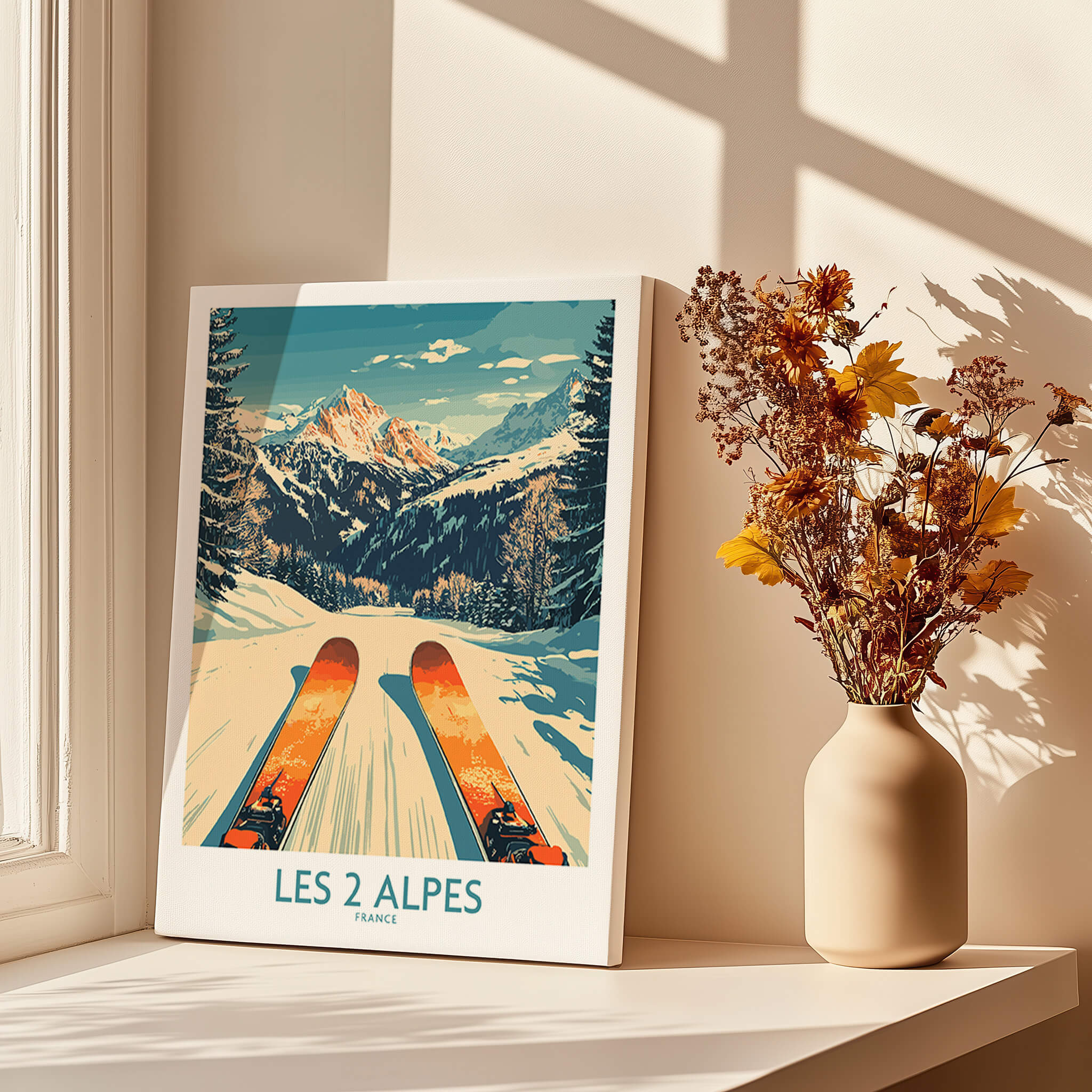 Les 2 Alpes Wall Art Ski Print featuring scenic ski slopes and vibrant mountains in a stylish home setting.
