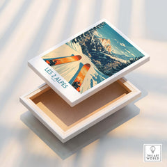 Les 2 Alpes Wall Art Ski Print displayed on a wooden box showcasing beautiful ski artwork.