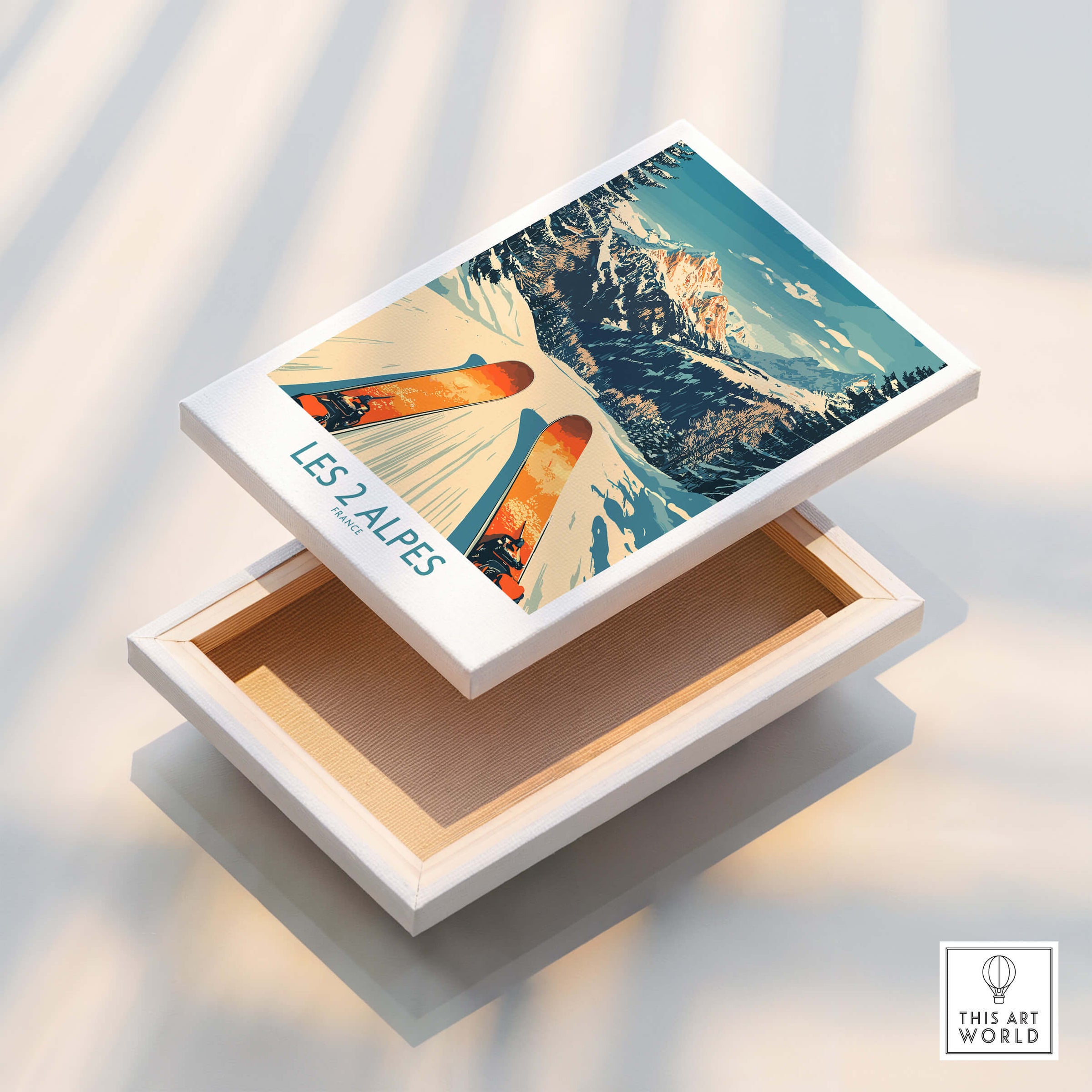 Les 2 Alpes Wall Art Ski Print displayed on a wooden box showcasing beautiful ski artwork.