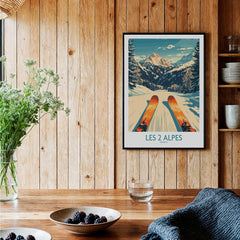 Les 2 Alpes Wall Art Ski Print featuring vibrant ski scene within a rustic home setting.