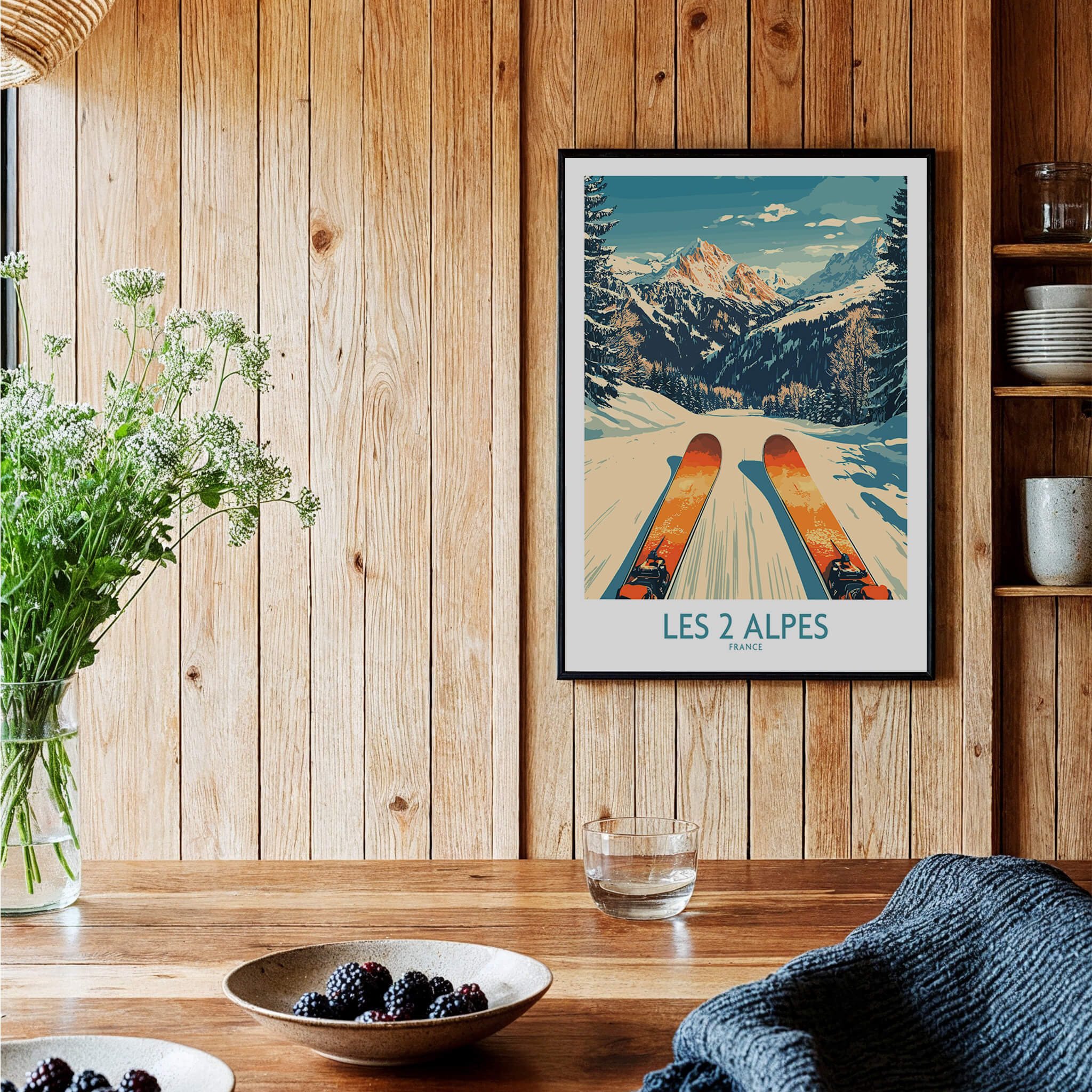 Les 2 Alpes Wall Art Ski Print featuring vibrant ski scene within a rustic home setting.