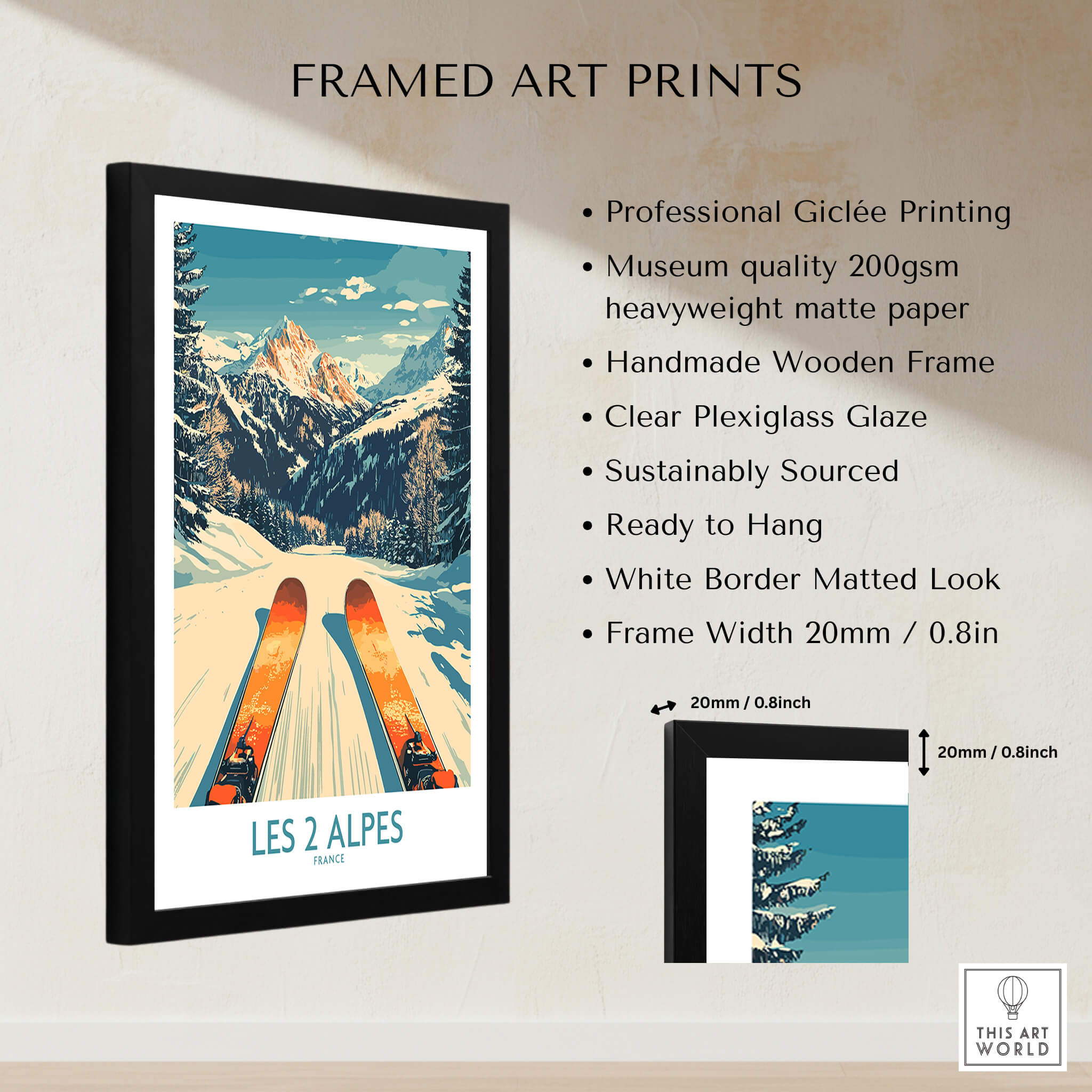 Les 2 Alpes Wall Art Ski Print framed art print featuring vibrant mountains and ski slopes.
