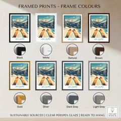 Les 2 Alpes Wall Art Ski Print displayed in various frame colors: Black, White, Natural, Brown, Gold, Silver, Dark Grey, Light Grey.