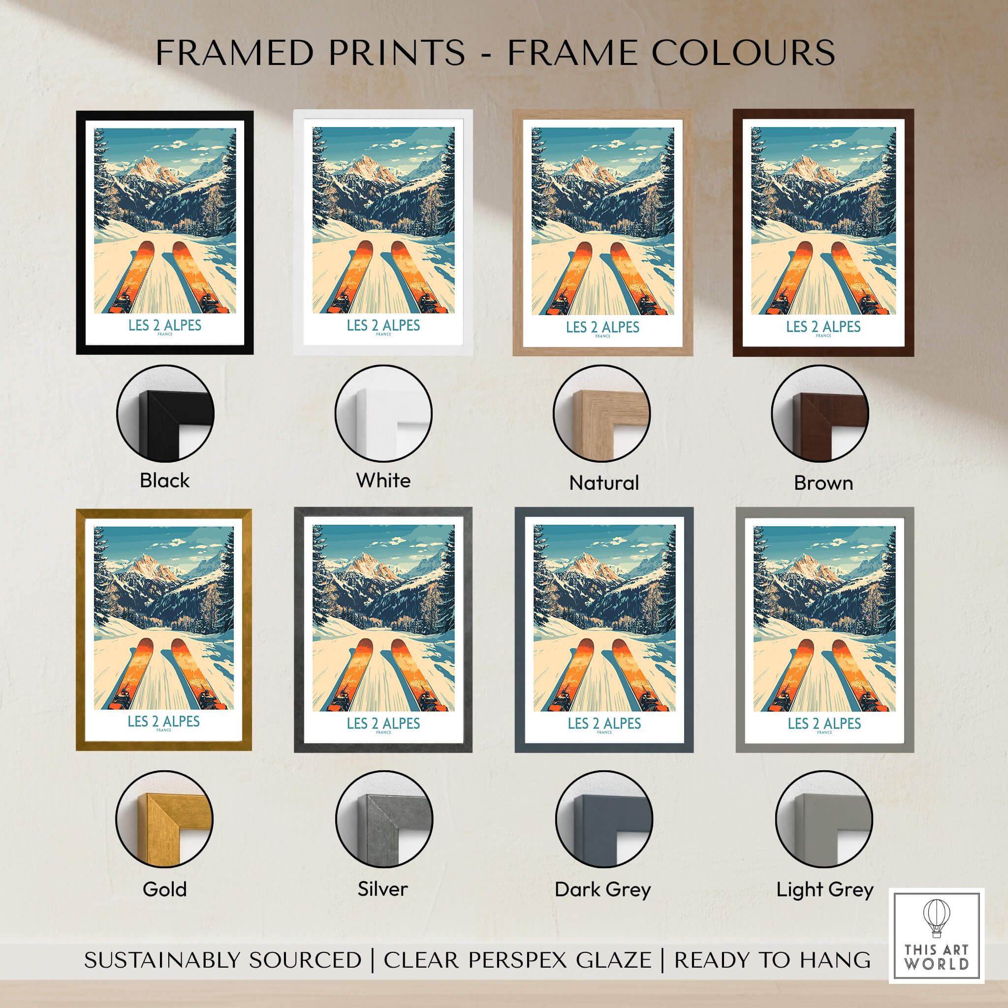 Les 2 Alpes Wall Art Ski Print displayed in various frame colors: Black, White, Natural, Brown, Gold, Silver, Dark Grey, Light Grey.