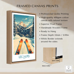 Les 2 Alpes Wall Art Ski Print framed canvas showcasing snowy slopes and vibrant colors.
