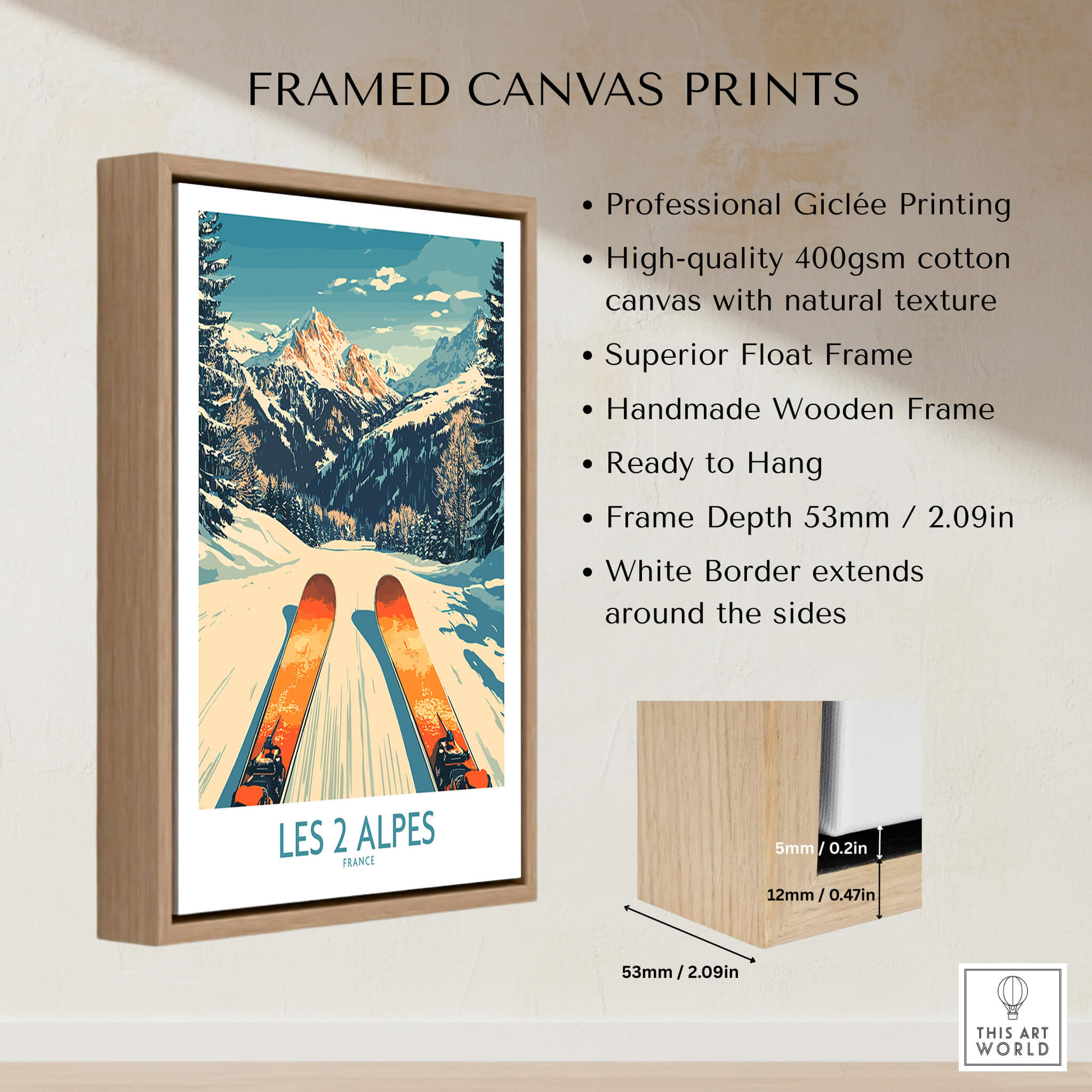 Les 2 Alpes Wall Art Ski Print framed canvas showcasing snowy slopes and vibrant colors.