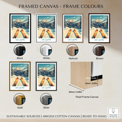 Framed Les 2 Alpes Wall Art Ski Print options showcasing various frame colors including Black, White, Natural, Brown, Gold, and Silver.