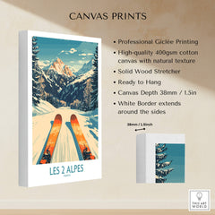 Les 2 Alpes Wall Art Ski Print showcasing vibrant skiing scene in the French Alps on high-quality canvas.
