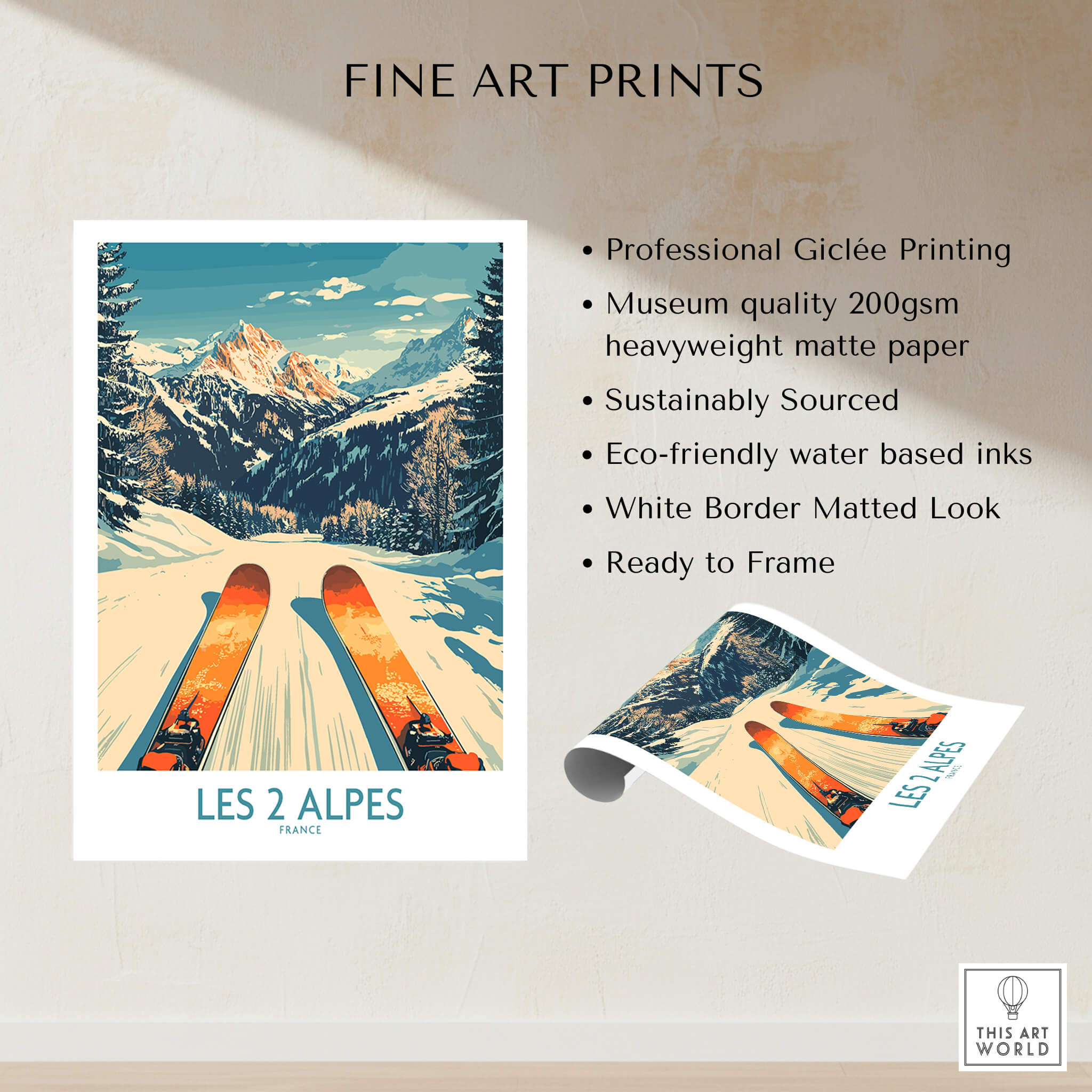 Les 2 Alpes Wall Art Ski Print showcasing professional Giclée printing, perfect for ski enthusiasts.
